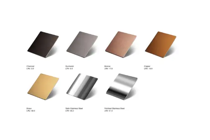 samples of various different ironmongery metals with their corresponding light reflectance value